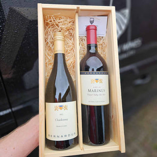 Bernardus wijnpakket met Chardonnay en Marinus uit Californië in houten wijnkist bij Verboon Wines