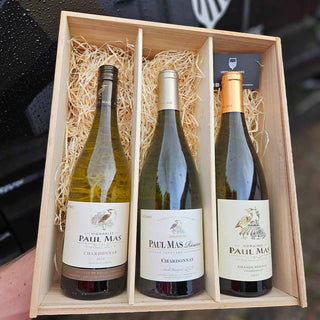 Paul Mas Chardonnay wijnpakket met drie Chardonnay wijnen in houten wijnkist bij Verboon Wines