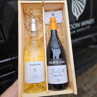 Piemonte wijnpakket met Damilano Langhe Bianco en Damilano Zero Sette Barbera d'Asti in houten wijnkist bij Verboon Wines