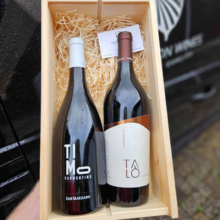 San Marzano wijnpakket met Timo Vermentino en Talò Negroamaro in houten wijnkist bij Verboon Wines