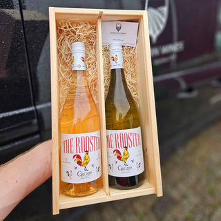The Rooster wijnpakket met witte wijn en rosé van Château Grézan in houten wijnkist bij Verboon Wines